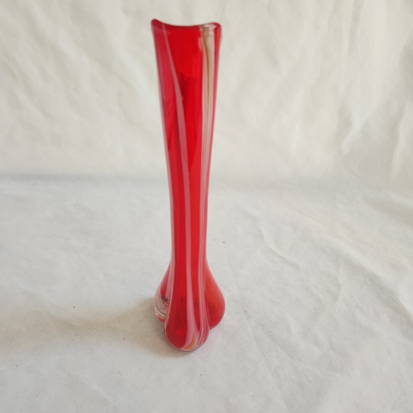 Vintage Swung Art Glass Red Vase w/ White Stripes - Picture 7 of 13